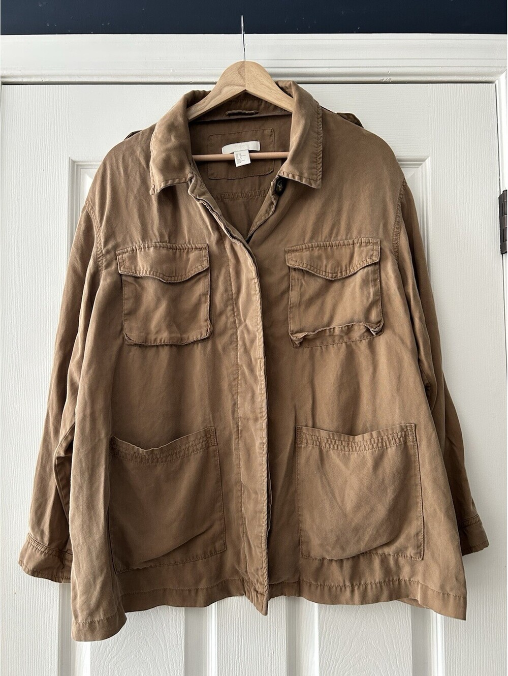 H&M Utility Jacket Women’s Size M Tan Brown Safari Military Field Coat Lyocell